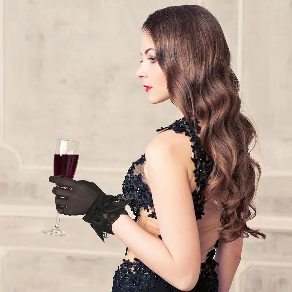 Women's Evening Black Short Bow Lace Gloves Mitten Party Costume Accessories